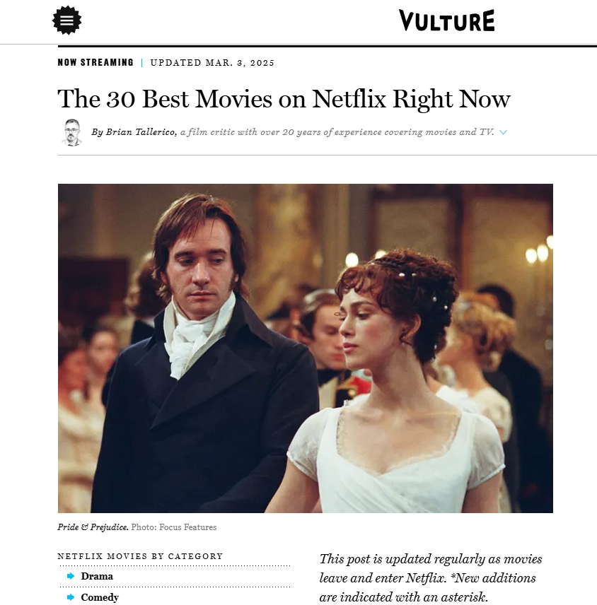 Листикл "The 50 Best Movies on Netflix Right Now" від Vulture